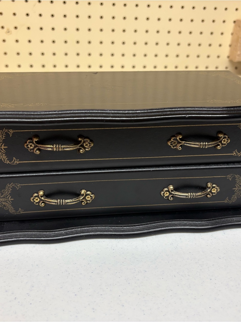 Black Decorative Two-Drawer Jewelry Box with Brass Accents